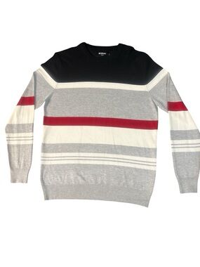 Men's Crewneck Sweater in Black, Gray, White & Red Stripe